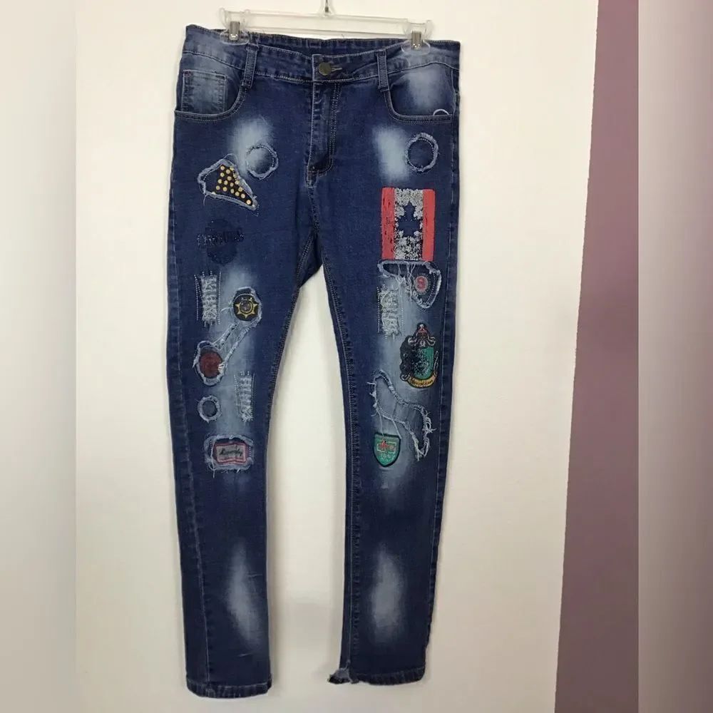 Cool patchwork decorated jeans w/stretch distressed unique fun 10/12